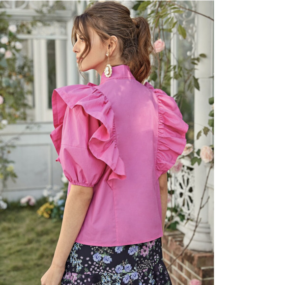 SHEIN Neon Pink Tie Neck Exaggerate Ruffle Trim Top - Picture 3 of 11